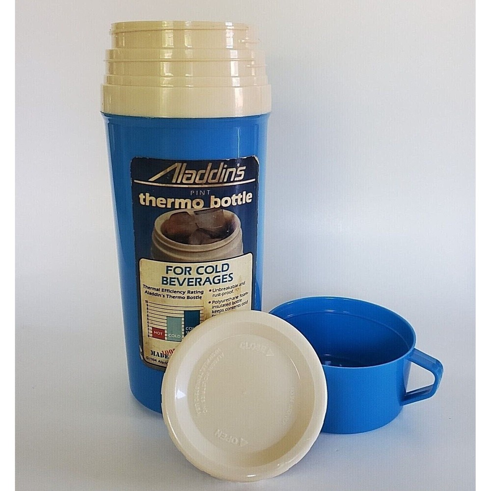 1984 Aladdin Thermo Bottle Cold Drink Beverage 1 pt Blue Thermos Ice Coffee/ Tea